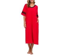 Vslarh Chemise de nuit douce à manches courtes et col en V pour femme avec poches Taille S à XXL, Rouge, XXL