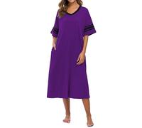 Vslarh Chemise de nuit douce à manches courtes et col en V pour femme avec poches Taille S à XXL, Violet, XXL