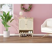VSOGA Armoire à chaussures avec double portes aspect bois naturel et design en rotin tressé - avec étagère de rangement et étagère intermédiaire ouverte, idéale pour le couloir, l'entrée ou le couloir