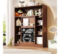 VSOGA Bibliothèque ouverte à 9 compartiments avec tableau noir, portes coulissantes et grand espace de rangement, 120 x 38,5 x 151,5 cm, couleur noyer