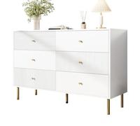 VSOGA Commode de rangement moderne à 6 tiroirs, blanche, avec poignées en alliage de zinc et pieds en acier, 120 x 40 x 78 cm, en MDF, pour chambre à coucher, salon, entrée