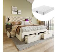 VSOGA Ensemble complet de lit pour chambre à coucher - Lit double rembourré - 160 x 200 cm - Avec 2 tables de chevet et 4 tiroirs - Lampe de lecture avec fonction de charge USB - Beige - Velours