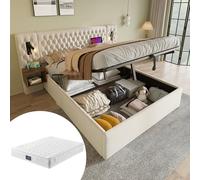 VSOGA Ensemble complet de lit pour chambre à coucher - Rembourré - Hydraulique - Lit de rangement double - 160 x 200 cm - Avec 2 tables de chevet, lampe de lecture avec fonction de charge USB - Beige