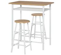 VSOGA Ensemble table de bar 3 pièces avec 2 tabourets de bar, table et chaises, table mange-debout et tabourets de bar avec étagère de rangement, panneau MDF en acier blanc + chêne 80 x 50 x 90 cm