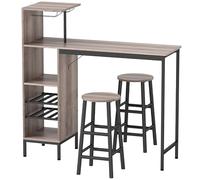 VSOGA Ensemble table de bar 3 pièces avec espace de rangement, étagères à vin, porte-verre, tabourets avec repose-pieds, pour petits espaces, gris