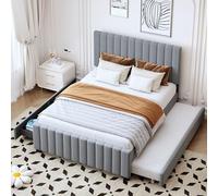 VSOGA Lit capitonné, 140 x 190 cm, avec lit gigogne, deux tiroirs, plat, en velours doux pour la peau, pour enfants, adolescents, invités, gris