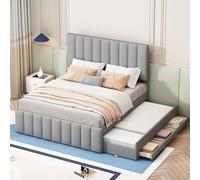 VSOGA Lit capitonné 140 x 200 cm avec lit gigogne et tiroirs, rembourrage en lin doux pour la peau, lit double, lit d'enfant, lit d'adolescent, lit d'invités