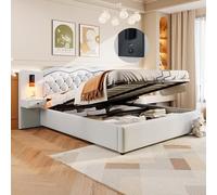 VSOGA Lit capitonné 180 x 200 cm avec tête de lit intégrée, port USB et espace de rangement hydraulique, lampes de chevet incluses Beige