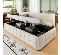 VSOGA Lit capitonné 90 x 200 cm, avec espace de rangement hydraulique, dossier sans accoudoirs, avec motif à carreaux classique distinctif sur le bord inférieur, lit simple, multifonction, tissu en