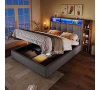 VSOGA Lit capitonné, 90 x 200 cm, avec fonction de charge USB de type C, sans matelas, rangement multifonction, éclairage LED, bouton poussoir/application, lin, gris