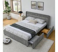 VSOGA Lit double 160 x 200 cm, surface chenille, avec 4 tiroirs de rangement de grand volume, idéal pour la chambre principale, la chambre parent-enfant ainsi que la chambre à coucher de couple, gris