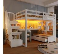 VSOGA Lit mezzanine 140 x 200 cm avec bureau, étagères, 2 tiroirs, escalier de rangement, lit d'enfant, blanc