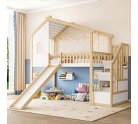 VSOGA Lit mezzanine, 90 x 200 cm, barrière de lit, échelle de rangement, fenêtre, toboggan, rail de maison, naturel + blanc