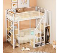 VSOGA Lit mezzanine multifonction 90 x 200 cm, en métal, avec espace de rangement, étagères et escalier, lit adulte et lit d'enfant, blanc