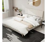 VSOGA Lit rembourré moderne et minimaliste avec tête en peluche, 160 x 200 cm, beige, meuble de chambre multifonction, base sans rangement à profil bas, matelas non inclus.