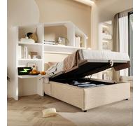 VSOGA Lit rembourré, pour enfant, 90 x 200 cm, avec étagère blanche, espace de rangement hydraulique et USB-C, lit simple de couleur naturelle avec sommier à lattes, lin, sans matelas