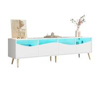 VSOGA Meuble TV moderne 180 x 40 x 50 cm avec éclairage LED - Corps blanc, pieds en métal doré, façade en verre et espace de rangement, meuble bas élégant pour le salon