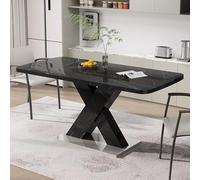 VSOGA Table à manger rectangulaire moderne de 120 à 160 cm - Extensible - Plateau en marbre noir imprimé + pied de table en MDF en forme de X avec base en métal