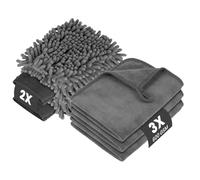 vsshe Kit de Nettoyage de Voiture 5 Pièces avec 3 Chiffons en Microfibre et 2 Paires de Gants de Lavage en Chenille, Essuie-Tout 600 G/M²