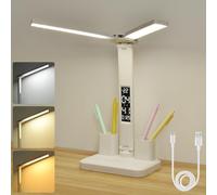 vsshe Lampe de Bureau LED à Double Tête, LED Double Bureau avec Heure Calendrier Température Porte Stylo, Protection De Dimmable Yeux, 3 Luminosité 3 Couleurs,Lampe Bureau pour Bureau, Maison, École