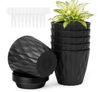vsshe Lot 6 de Pots de Fleurs, 12.5cm Pot en Plastique Résistant UV avec Trous de Drainage & sous-Pot, Minimalist pour Intérieur & Extérieur Fleurs Cactus Plantes Vertes, Cadeau Jardinier - Noir