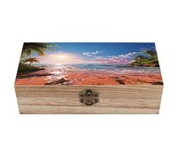 VstaDank Boîte de rangement en bois avec couvercle à charnière, motif plage d'été avec palmiers, boîte à souvenirs décorative exquise en bois massif pour bijoux, photos, lettres, travaux manuels