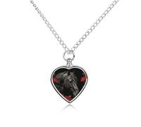 VstaDank Collier urne funéraire en forme de cheval noir sur fond de roses pour cendres - Bijou de crémation pour animal domestique - Pendentif en forme de cœur - Bijou souvenir pour animal domestique