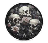 VstaDank Horloge murale ronde à piles silencieuse et sans tic-tac - Motif fleurs et tête de mort - Noir et blanc - 25,4 cm - Moderne et tendance - Pour la maison, le salon, la cuisine, la chambre à