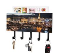 VstaDank Las Vegas Night View Porte-clés mural facile à installer avec plateau Étagère murale de ferme avec 5 crochets auto-adhésifs pour clés et support de courrier pour entrée, décoration