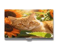 VstaDank Porte-cartes de visite fin en alliage d'aluminium avec motif chat doré et tournesol pour homme et femme