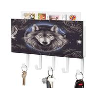 VstaDank Porte-clés mural adhésif en forme de loups et attrape-rêves avec plateau de rangement de courrier en métal avec 5 crochets de suspension en cuir synthétique pour entrée