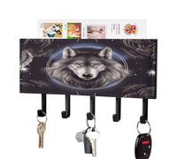 VstaDank Porte-clés mural adhésif en forme de loups et attrape-rêves avec plateau de rangement de courrier en métal avec 5 crochets de suspension en cuir synthétique pour entrée