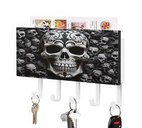 VstaDank Porte-clés mural adhésif en forme de tête de mort noir et blanc avec plateau de rangement de courrier en métal avec 5 crochets de suspension en cuir synthétique pour entrée