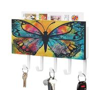 VstaDank Porte-clés mural en forme de papillon Tie Dye - Support mural adhésif avec plateau de rangement de courrier - Porte-clés en métal adhésif avec 5 crochets de suspension en cuir synthétique