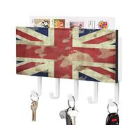 VstaDank Porte-clés mural vintage Union Jack avec plateau facile à installer - Étagère murale de ferme avec 5 crochets auto-adhésifs pour clés et support de courrier pour entrée, décoration