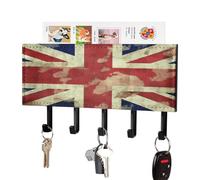 VstaDank Porte-clés mural vintage Union Jack avec plateau facile à installer - Étagère murale de ferme avec 5 crochets auto-adhésifs pour clés et support de courrier pour entrée, décoration
