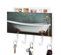 VstaDank Porte-clés vintage pour baignoire - Installation facile - Avec plateau - Étagère murale de ferme avec 5 crochets - Auto-adhésif - Porte-courrier pour entrée et décoration d'intérieur