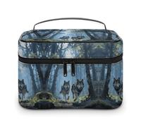 VstaDank Wolf Forest Trousse de maquillage de voyage en cuir grande capacité Trousse de toilette portable avec séparateur transparent et poignée Mignon grand ouvert Sacs de rasage pour le toilettage