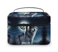 VstaDank Wolf Under Moon Trousse de maquillage de voyage en cuir grande capacité Trousse de toilette portable avec séparateur transparent et poignée Mignon grand ouvert Sacs de rasage pour le