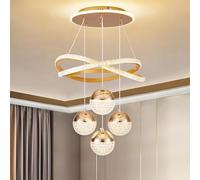 VTAMng Anneau de lustre acrylique doré moderne à LED cristal pour îlot de cuisine, luminaire suspendu au plafond à 3 boules à intensité variable, luminaire suspendu avec télécommande pour bureau d'étu