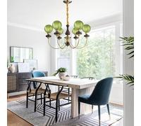 VTAMng Lustre Globe Îlot de Cuisine Luminaires Suspendus Lustre en Verre Vert Plafonniers Doré Art Vintage Décoration Milieu du siècle Bois Suspension Éclairage pour Chambre Salon(6 Lights)