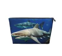 VTCTOASY Trousse de maquillage pour femme avec deux requins blancs - Trousse de maquillage portable de grande capacité - En cuir synthétique - Étanche - Jolie trousse de toilette esthétique avec