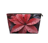 VTCTOASY Trousse de maquillage pour femme avec feuilles rouges et grises - Grande capacité - Portable - En cuir synthétique - Imperméable - Jolie trousse de toilette esthétique à fermeture éclair,