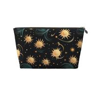 VTCTOASY Trousse de maquillage pour femme avec motif de soleil répété - Grande capacité - Portable - En cuir synthétique - Étanche - Jolie trousse de toilette esthétique à fermeture éclair, doré, One