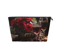 VTCTOASY Trousse de maquillage pour femme avec roses rouges et vin rouge, trousse de maquillage de voyage de grande capacité, sac de rangement de maquillage portable en cuir synthétique, trousse de
