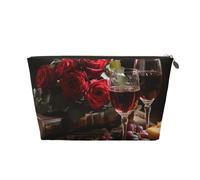 VTCTOASY Trousse de maquillage pour femme avec roses rouges et vin rouge, trousse de maquillage de voyage de grande capacité, sac de rangement de maquillage portable en cuir synthétique, trousse de
