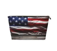 VTCTOASY Trousse de maquillage pour femme avec sol en bois et drapeau américain, grande capacité, sac de rangement de maquillage portable en cuir synthétique, trousse de toilette mignonne et