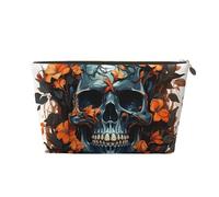 VTCTOASY Trousse de maquillage pour femme avec tête de mort et feuilles - Grande capacité - Portable - En cuir synthétique - Étanche - Jolie pochette de maquillage esthétique à fermeture éclair, doré,
