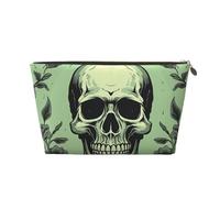 VTCTOASY Trousse de maquillage pour femme avec tête de mort sur fond vert clair - Grande capacité - Portable - En cuir synthétique - Étanche - Jolie trousse de toilette esthétique à fermeture éclair,