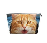 VTCTOASY Trousse de maquillage pour femme, chat orange qui sort de la langue, trousse de maquillage de voyage de grande capacité, sac de rangement de maquillage portable en cuir synthétique, trousse